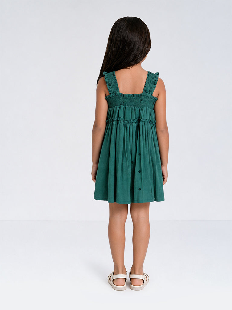 HOP Kids Girls Teal Embroidered Cotton-Blend A-Line Dress
