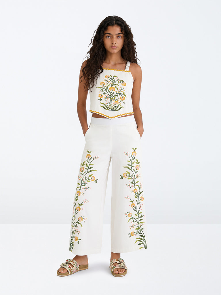 Utsa Kids Girls White Botanical Printed Cotton-Blend Ethnic Pants - (8-14 yrs)