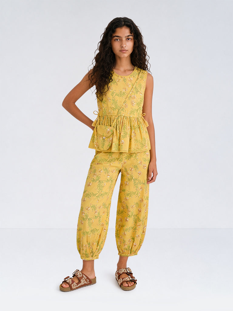 Utsa Kids Girls Yellow Floral Printed Cotton Peplum Top with Bag - (8-14 yrs)