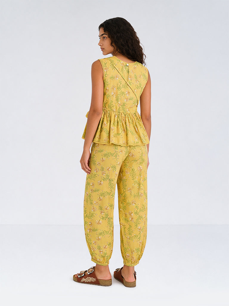 Utsa Kids Girls Yellow Floral Printed Cotton Peplum Top with Bag - (8-14 yrs)