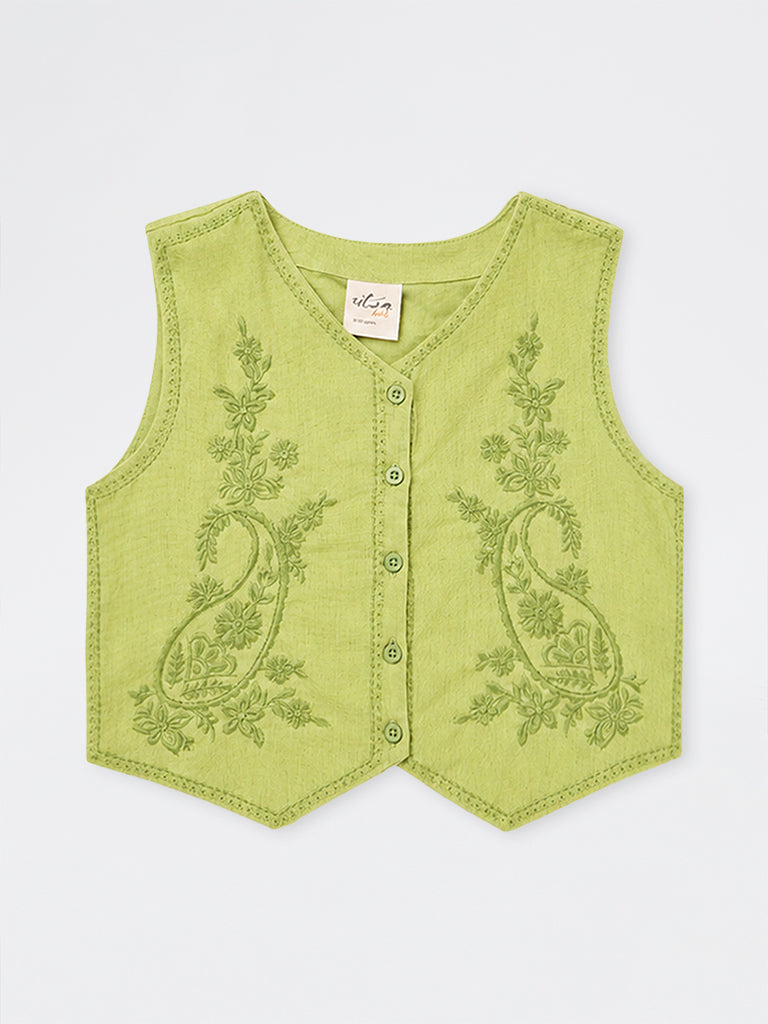 Utsa Kids Girls Green Paisley Embroidered Cotton-Blend Waistcoat - (8-14 yrs)