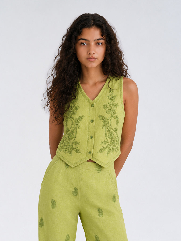 Utsa Kids Girls Green Paisley Embroidered Cotton-Blend Waistcoat - (8-14 yrs)