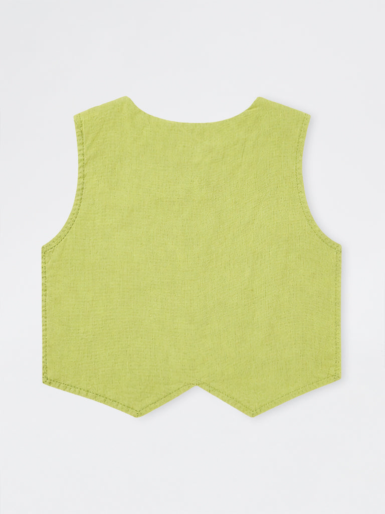 Utsa Kids Girls Green Paisley Embroidered Cotton-Blend Waistcoat - (8-14 yrs)