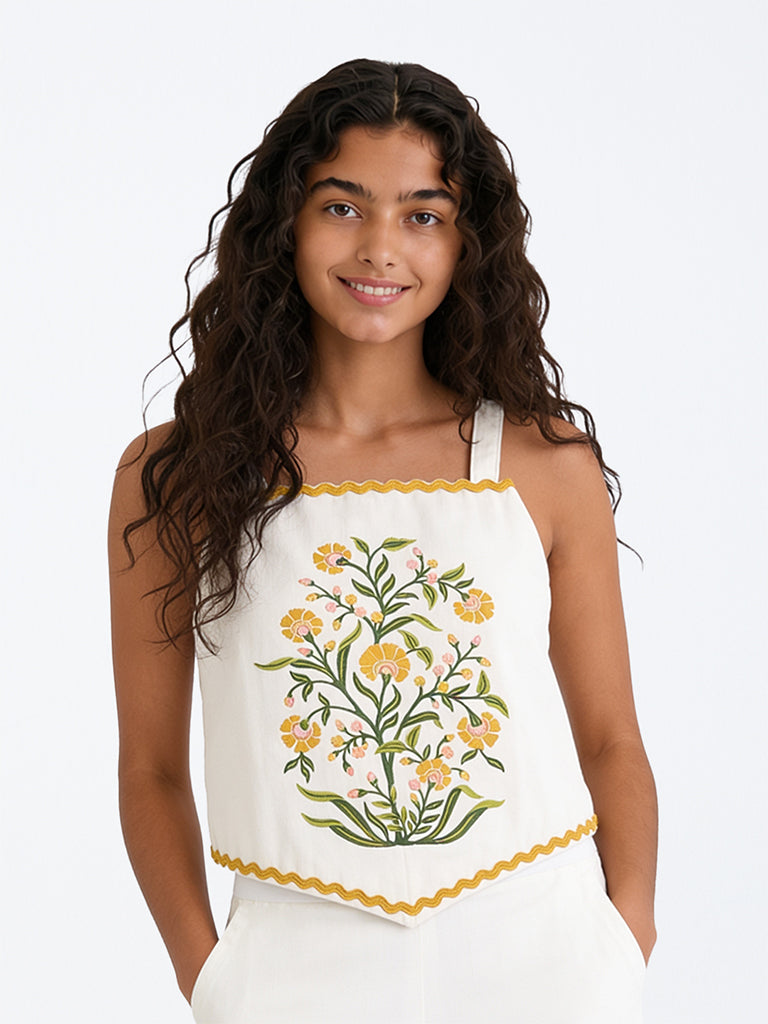 Utsa Kids Girls White Botanical Printed Cotton-Blend Top - (8-14 yrs)