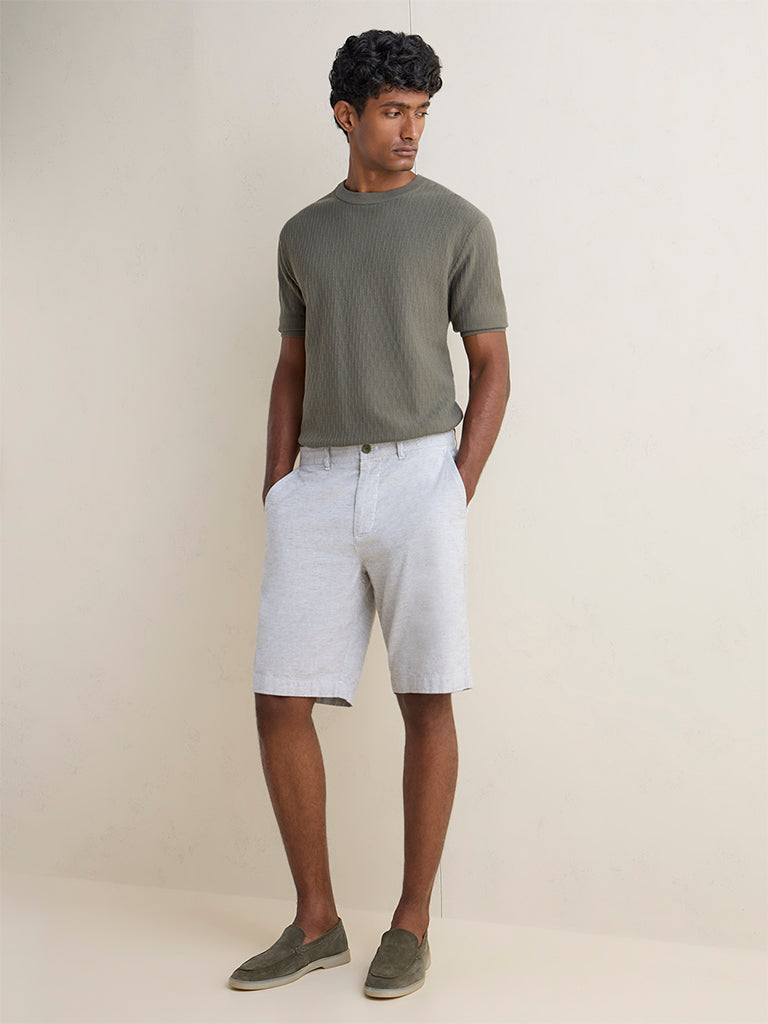 Ascot Olive Stripes Relaxed-Fit Mid-Rise Cotton-Blend Shorts
