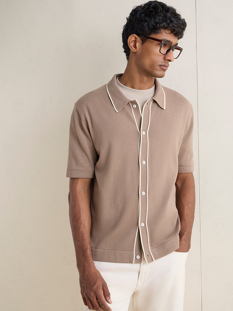 Ascot Taupe Knit Relaxed-Fit Cotton-Blend Polo Shirt