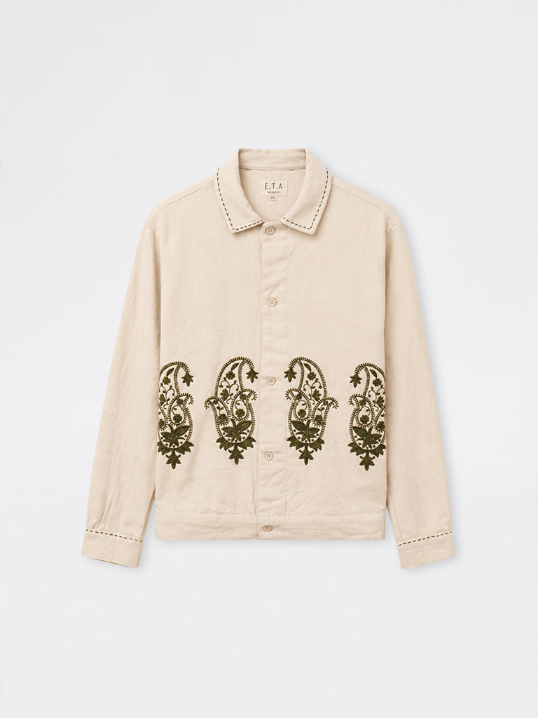 ETA Light Beige Paisley Embroidered Relaxed-Fit Cotton Shirt