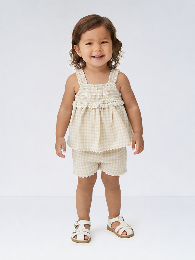 HOP Baby Girls Beige Checkered Cotton Top and Shorts Sets
