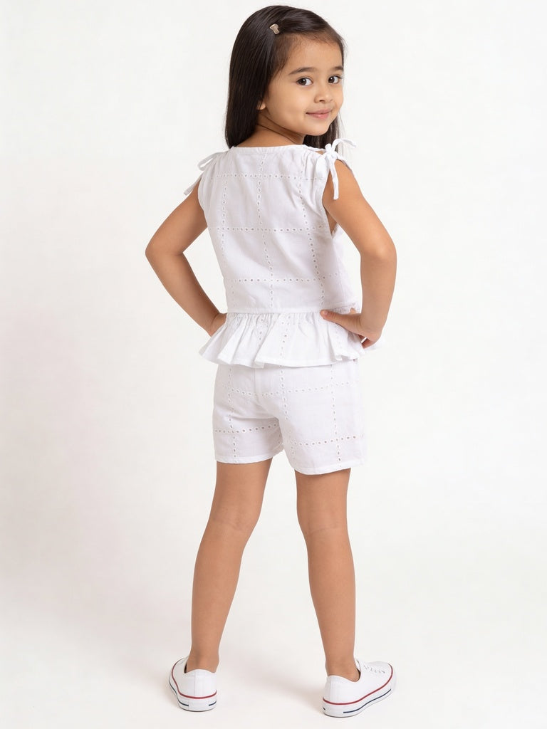 HOP Kids Girls Off-White Embroidered Cotton Top and Shorts Set