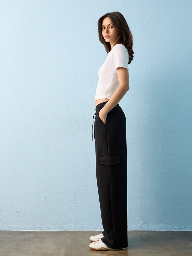 Nuoflexx Black High-Rise Cargo-Style Track Pants