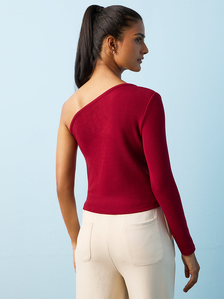 Nuoflexx Maroon Ribbed-Textured One-Shoulder Top