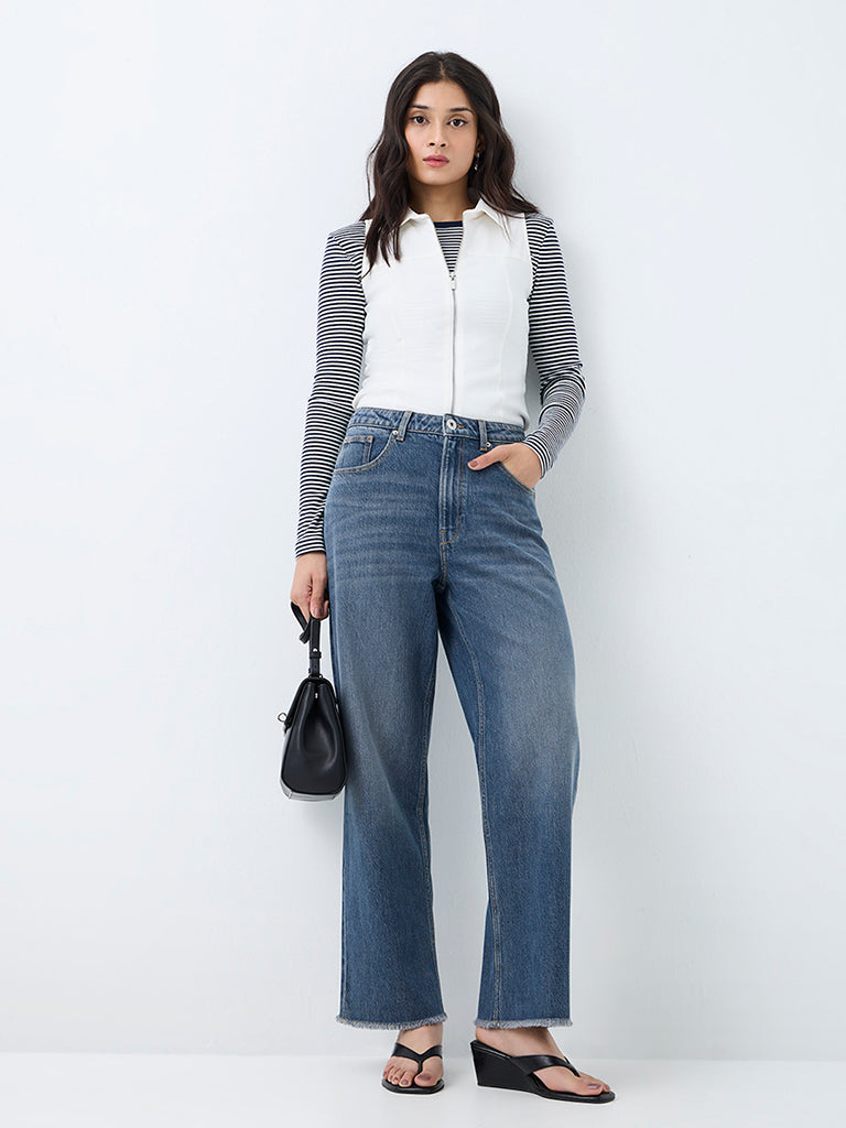 Nuon Dark-Blue Wash High-Waist Straight Jeans