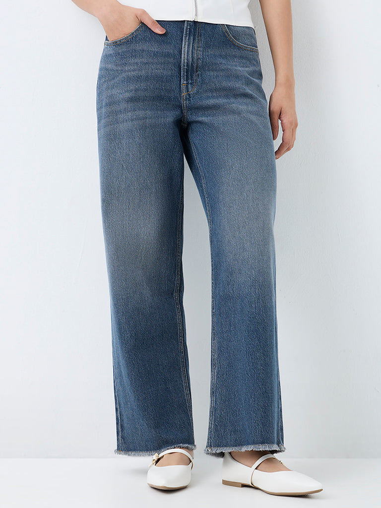 Nuon Dark-Blue Wash High-Waist Straight Jeans