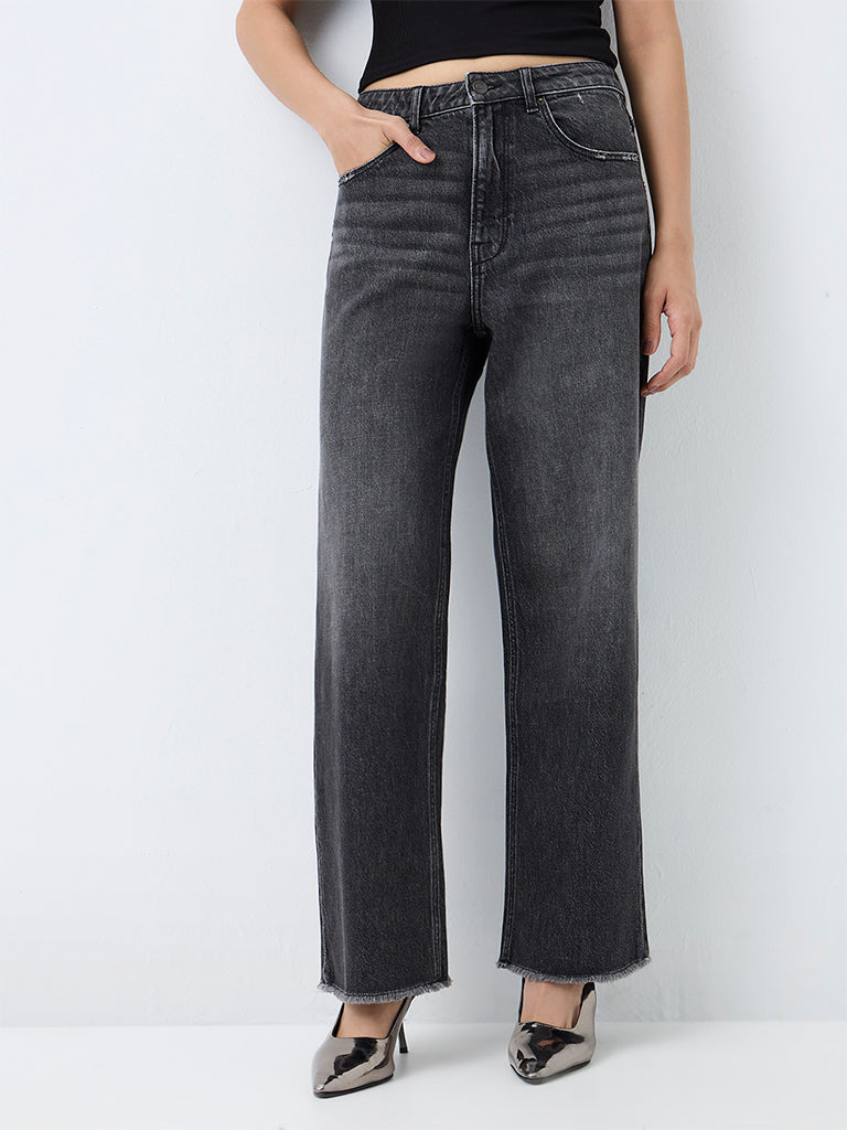 Nuon Dark-Grey Wash High-Waist Straight Jeans