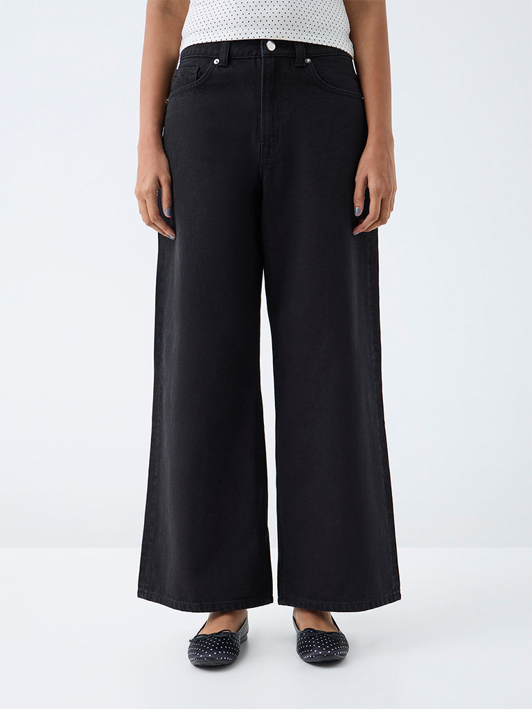 Nuon Black Solid Wide-Leg High-Rise Jeans
