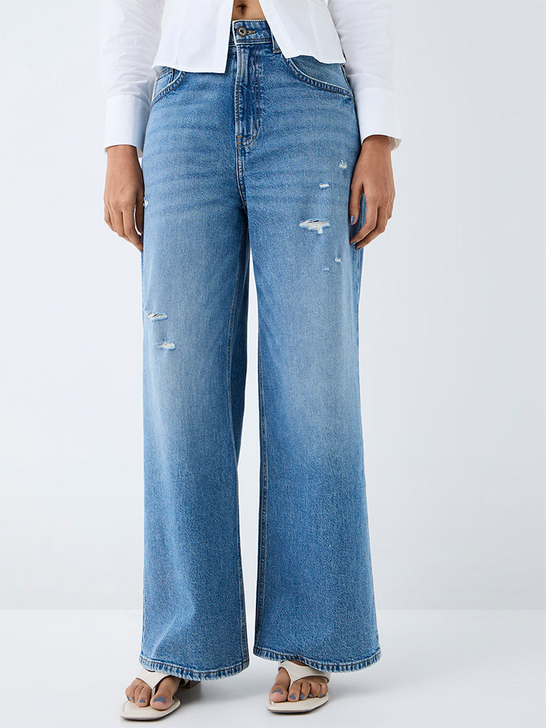 Nuon Blue Distressed Wide-Leg High-Rise Jeans