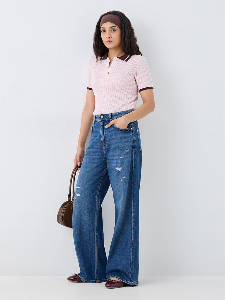 Nuon Dark Blue Wash High-Waist Jeans with Distressed Details