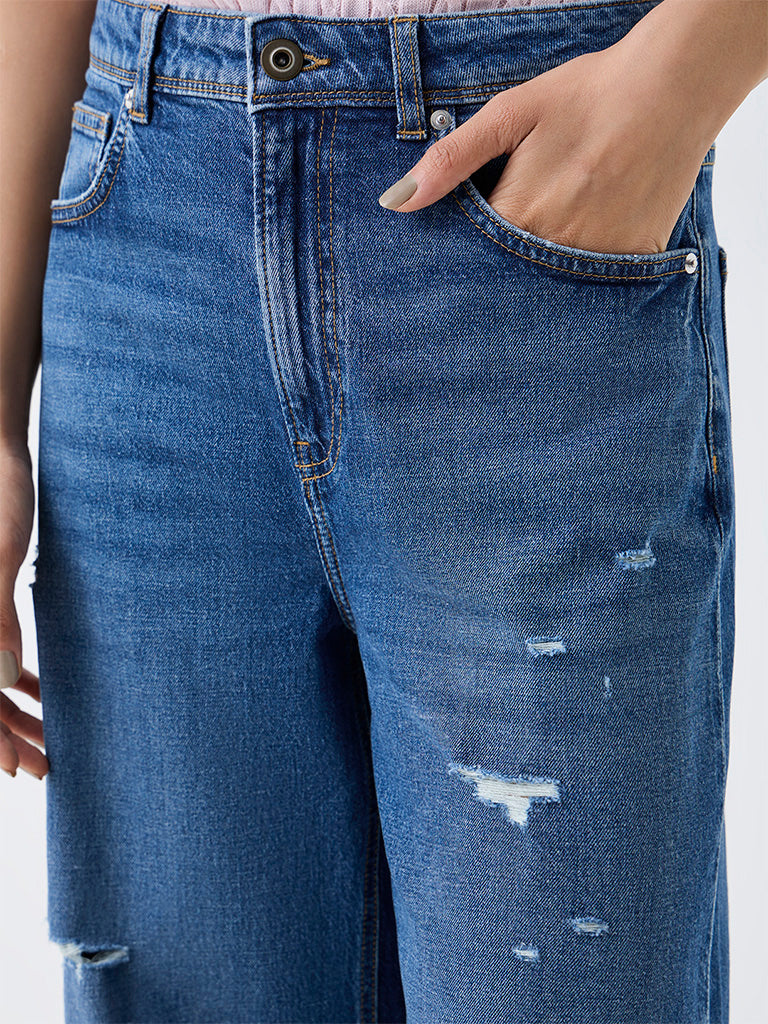 Nuon Dark Blue Wash High-Waist Jeans with Distressed Details
