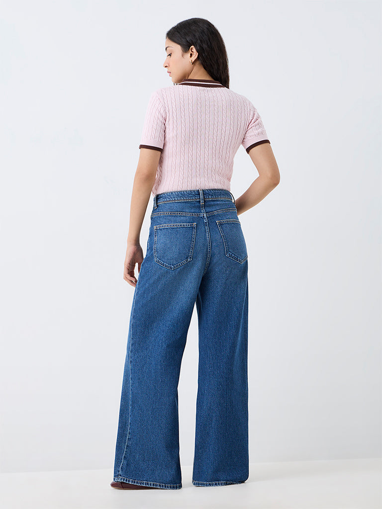Nuon Dark Blue Wash High-Waist Jeans with Distressed Details