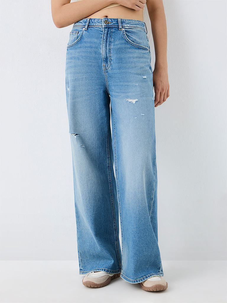 Nuon Blue Wash High-Waist Jeans with Distressed Details