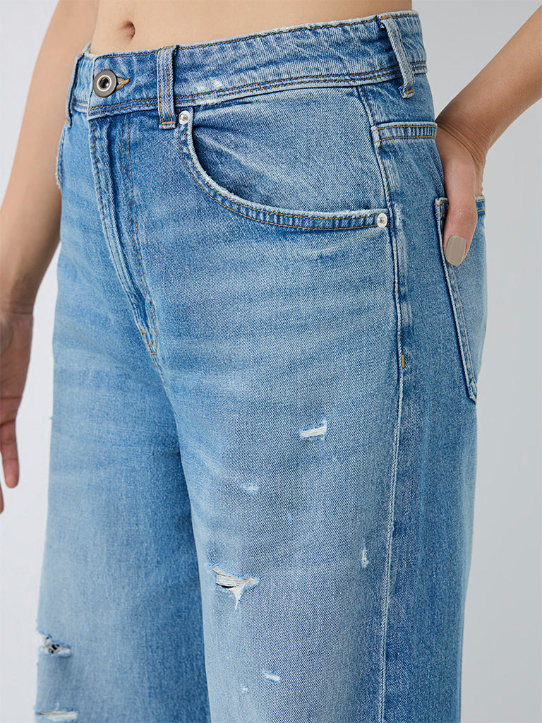 Nuon Blue Wash High-Waist Jeans with Distressed Details