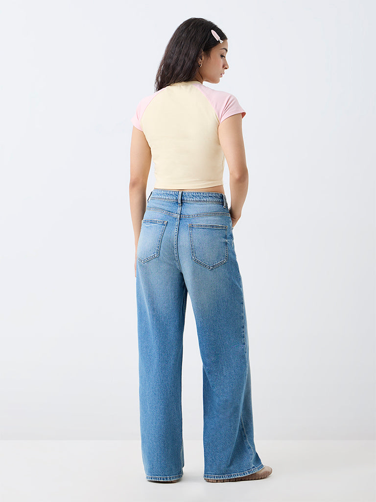 Nuon Blue Wash High-Waist Jeans with Distressed Details