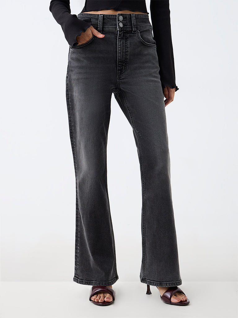 Nuon Dark Grey Wash High-Waist Flared Jeans