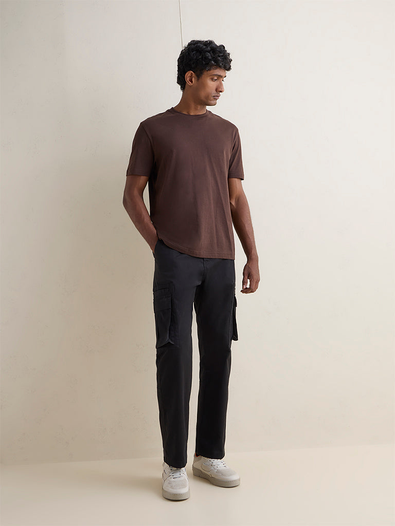 WES Casuals Black Relaxed-Fit Mid-Rise Cotton Cargo Pants