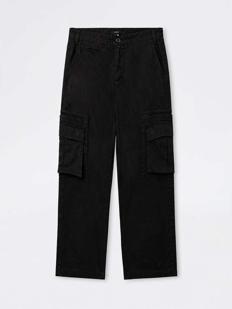 WES Casuals Black Relaxed-Fit Mid-Rise Cotton Cargo Pants