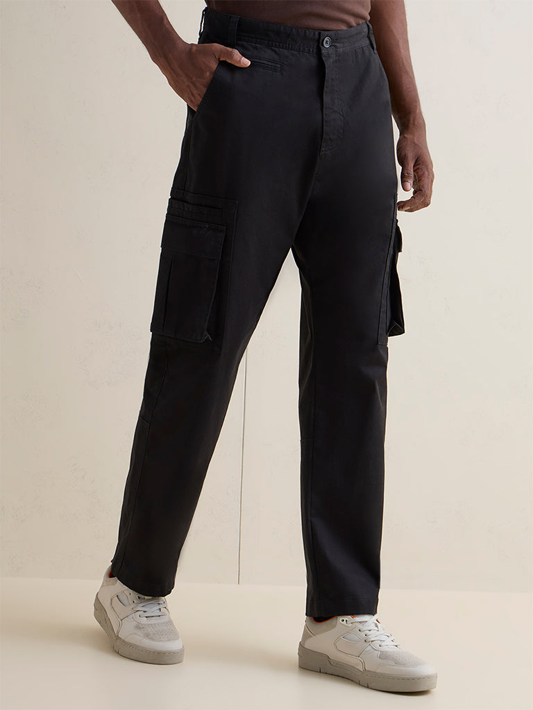 WES Casuals Black Relaxed-Fit Mid-Rise Cotton Cargo Pants