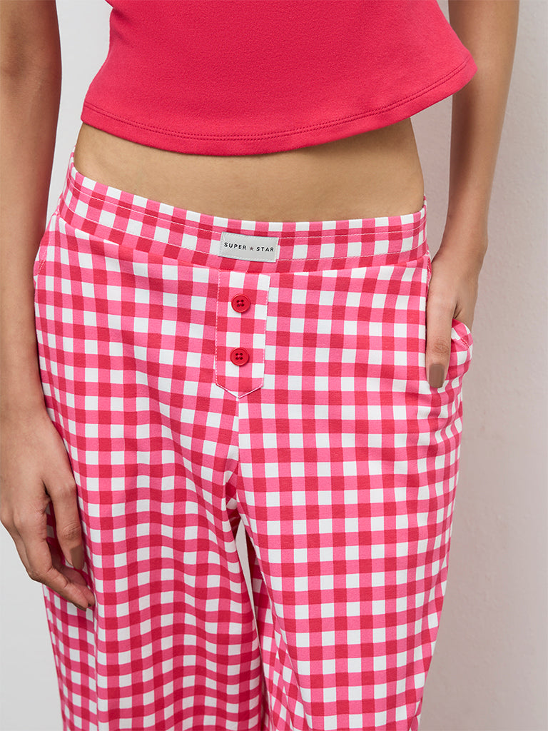 Superstar Pink Checkered High-Rise Cotton-Blend Pants