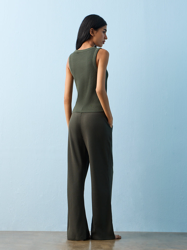 Superstar Olive Waffle-Textured Wide-Leg High-Rise Pants