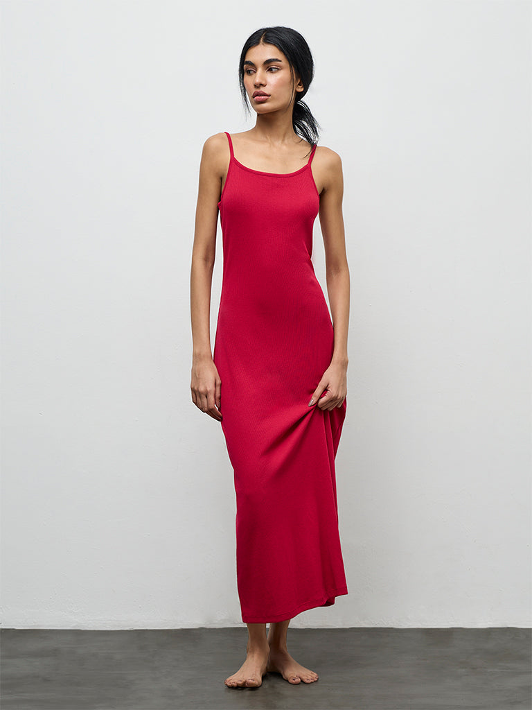 Superstar Red Ribbed Cotton-Blend Straight Lounge Dress