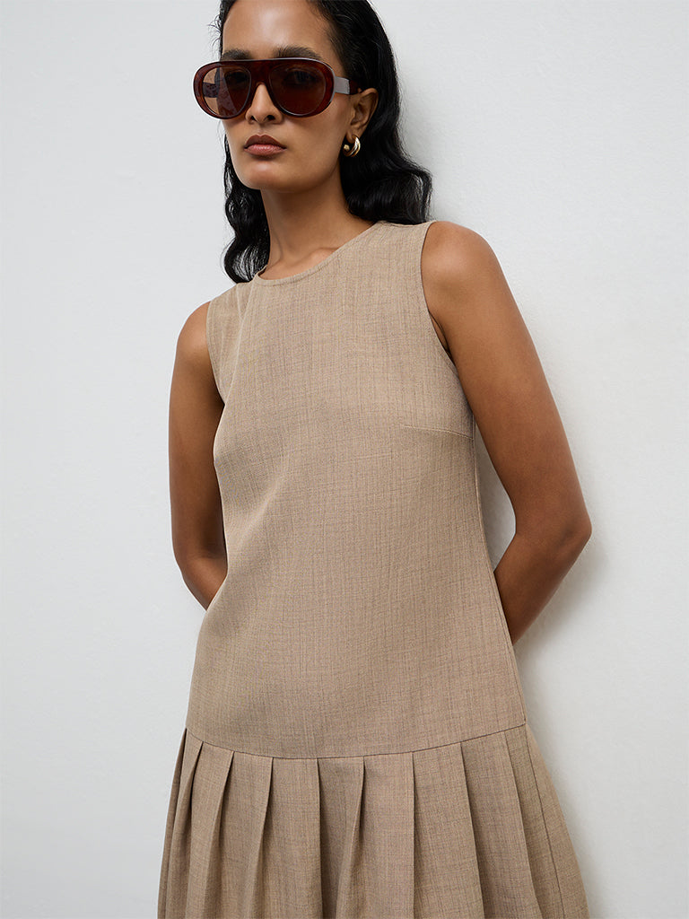 Wardrobe Beige Pleated Drop-Waist Dress