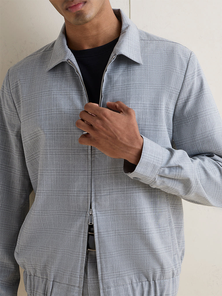 WES Formals Grey Plaid Checkered Cotton Slim-Fit Jacket