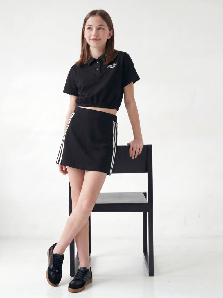 Girls Black Text Detailed T-Shirt and Skirt Set