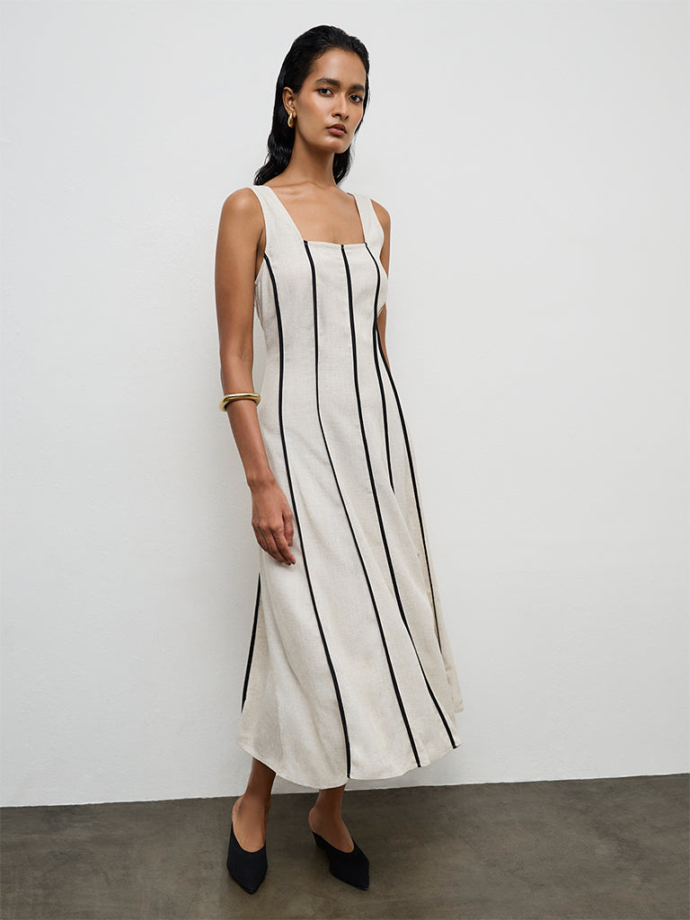 Wardrobe Light Beige Striped A-Line Dress