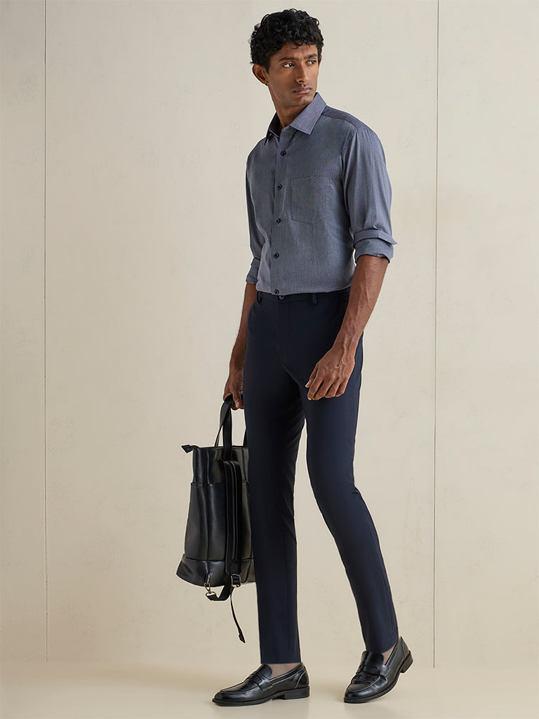 WES Formals Dusty Navy Relaxed-Fit Cotton-Blend Shirt