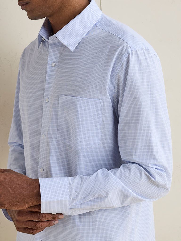 WES Formals Light Blue Checkered Slim-Fit Cotton Shirt