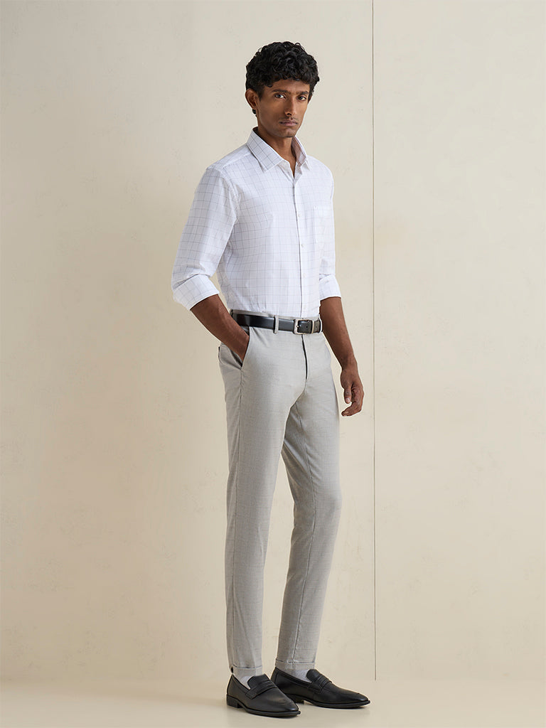 WES Formals White Checkered Slim-Fit Cotton Shirt