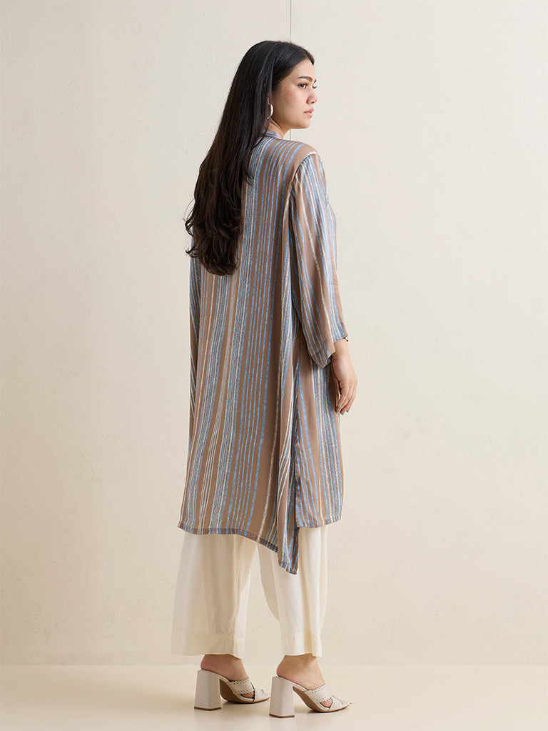 Diza Brown Striped High-Low Kurta