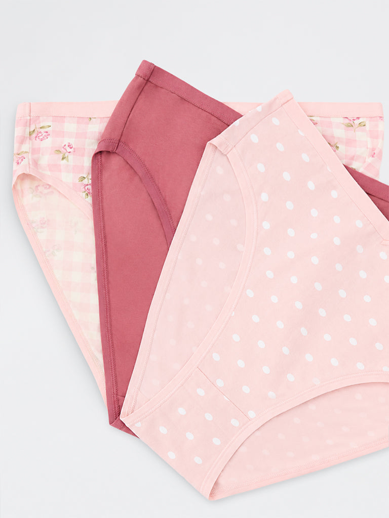 Wunderlove Pink Floral Printed Cotton-Blend Hi-Leg Briefs - Pack of 3