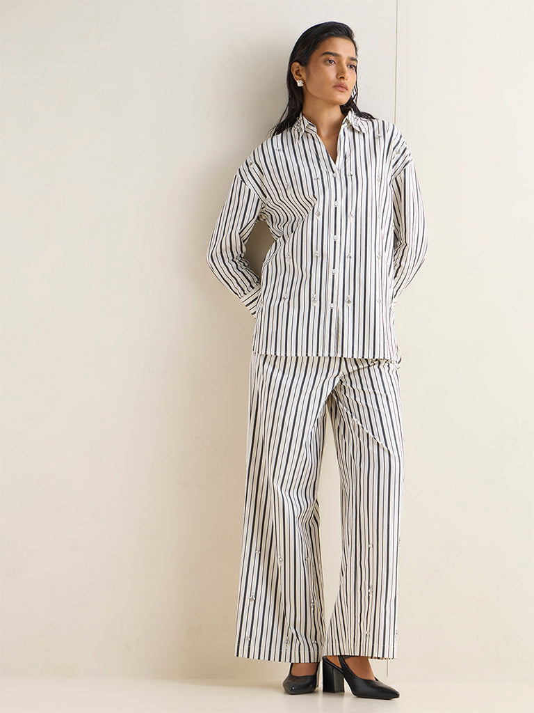 Wardrobe Off-White Diamante Embellished Striped Cotton Shirt