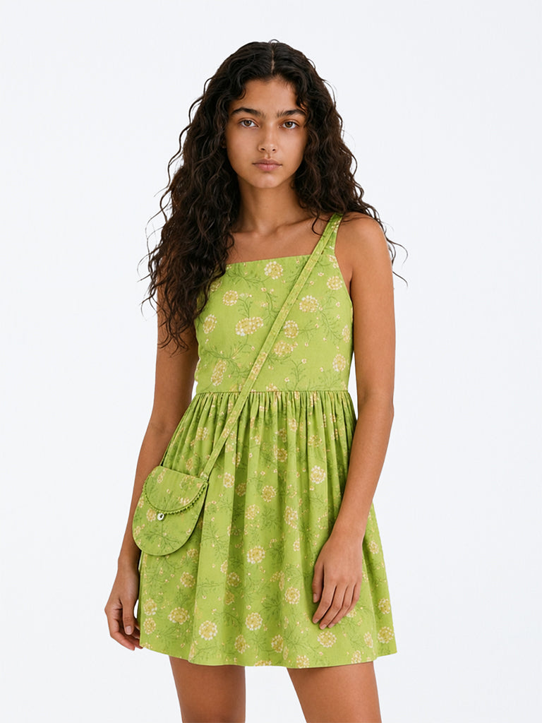 Utsa Kids Girls Green Floral Printed Cotton A-line Dress with Bag - (8-14 yrs)