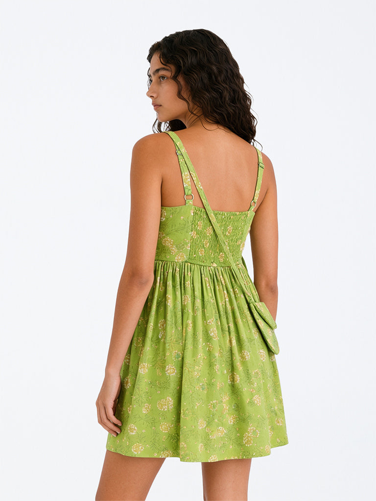 Utsa Kids Girls Green Floral Printed Cotton A-line Dress with Bag - (8-14 yrs)