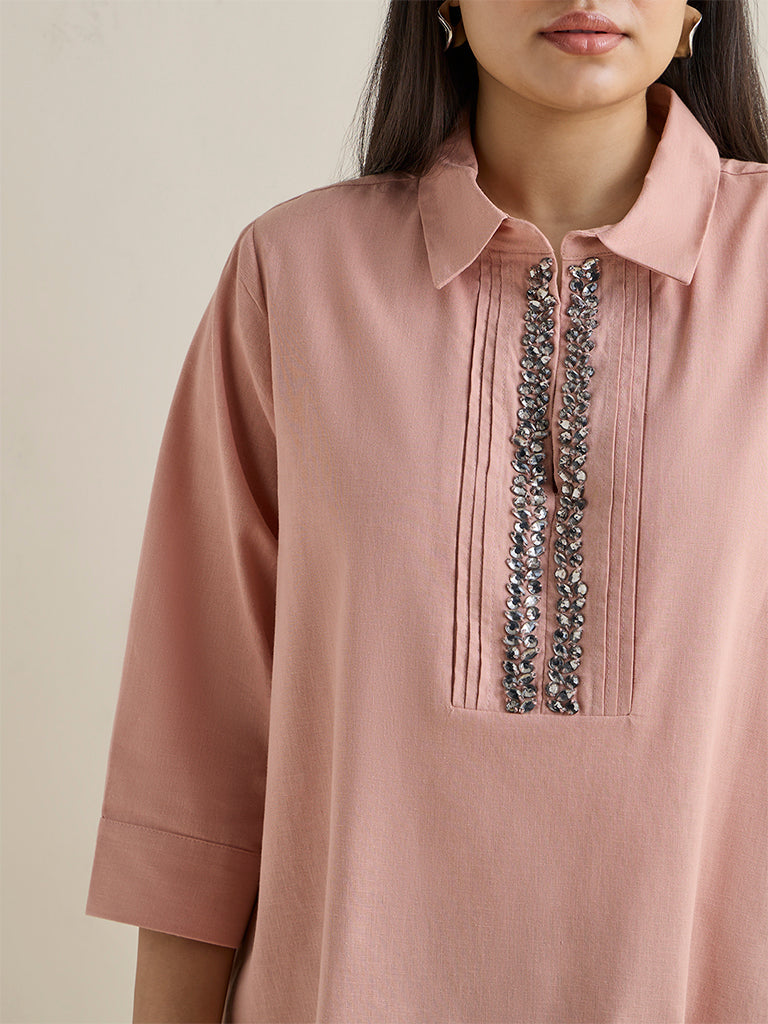 Gia Peach Diamante-Detail Cotton-Blend Blouse