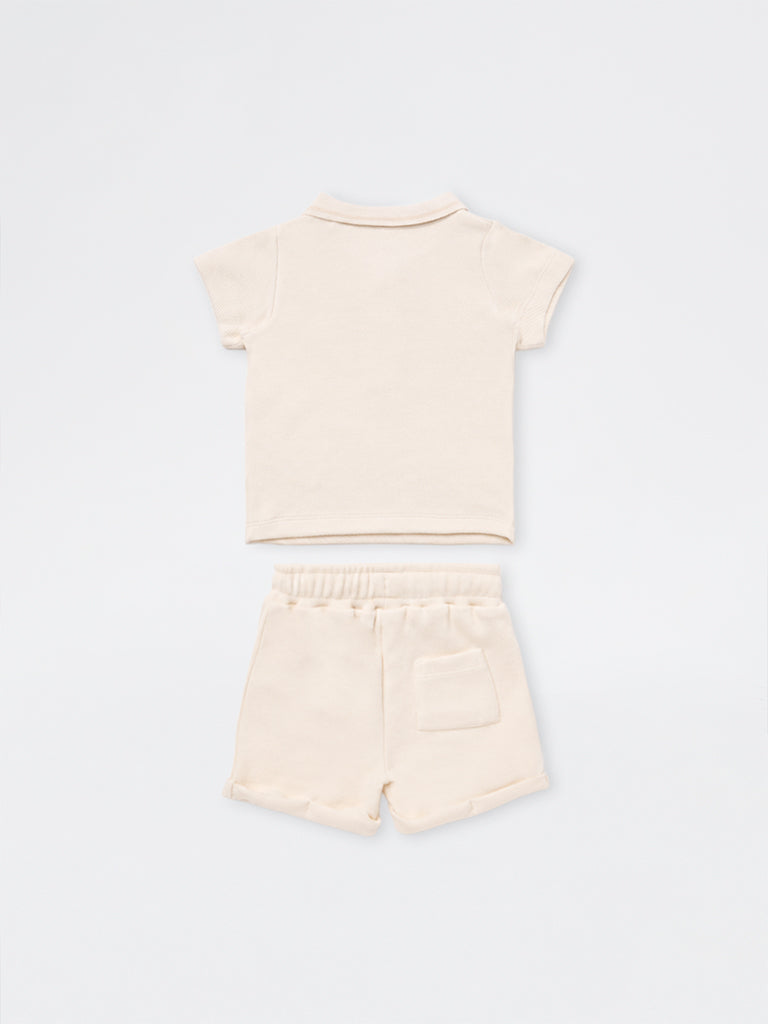 HOP Baby Boys Off-White Teddy Embroidered Cotton-Blend Polo T-Shirt and Shorts Set