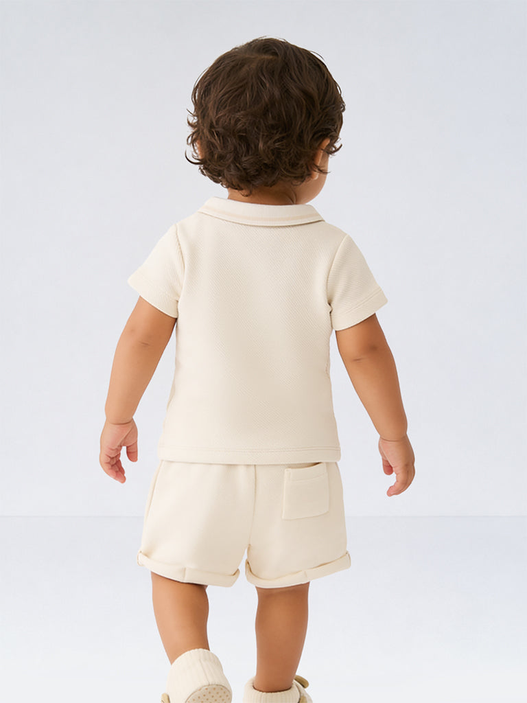 HOP Baby Boys Off-White Teddy Embroidered Cotton-Blend Polo T-Shirt and Shorts Set
