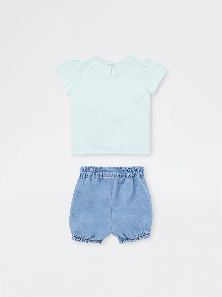 HOP Baby Girls Aqua Floral Applique Cotton T-Shirt and Shorts Set