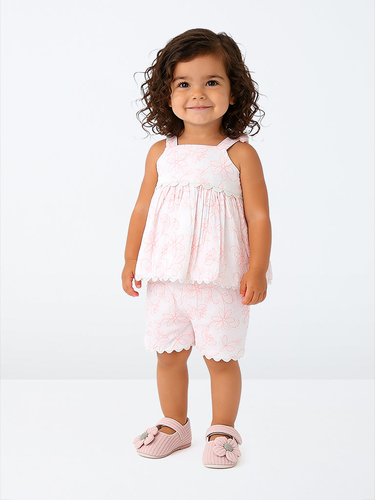 HOP Baby Girls White Floral Embroidered Cotton Dress and Shorts Set